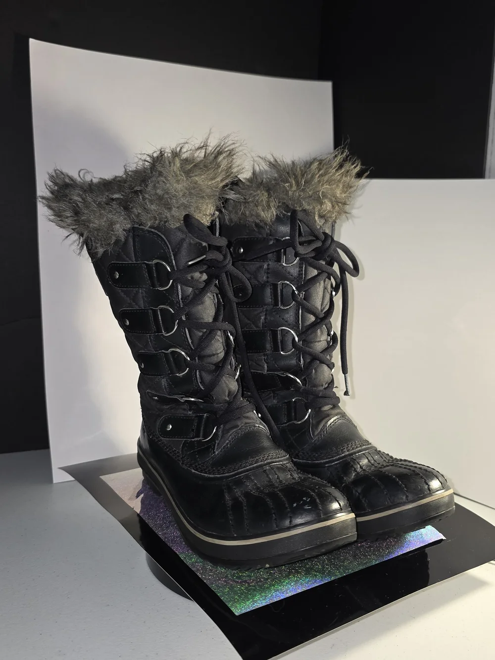 Sorel Tofina II Black Stone Waterproof Faux-Fur Trim Lace-Up Winter Boots Sz 7.5
